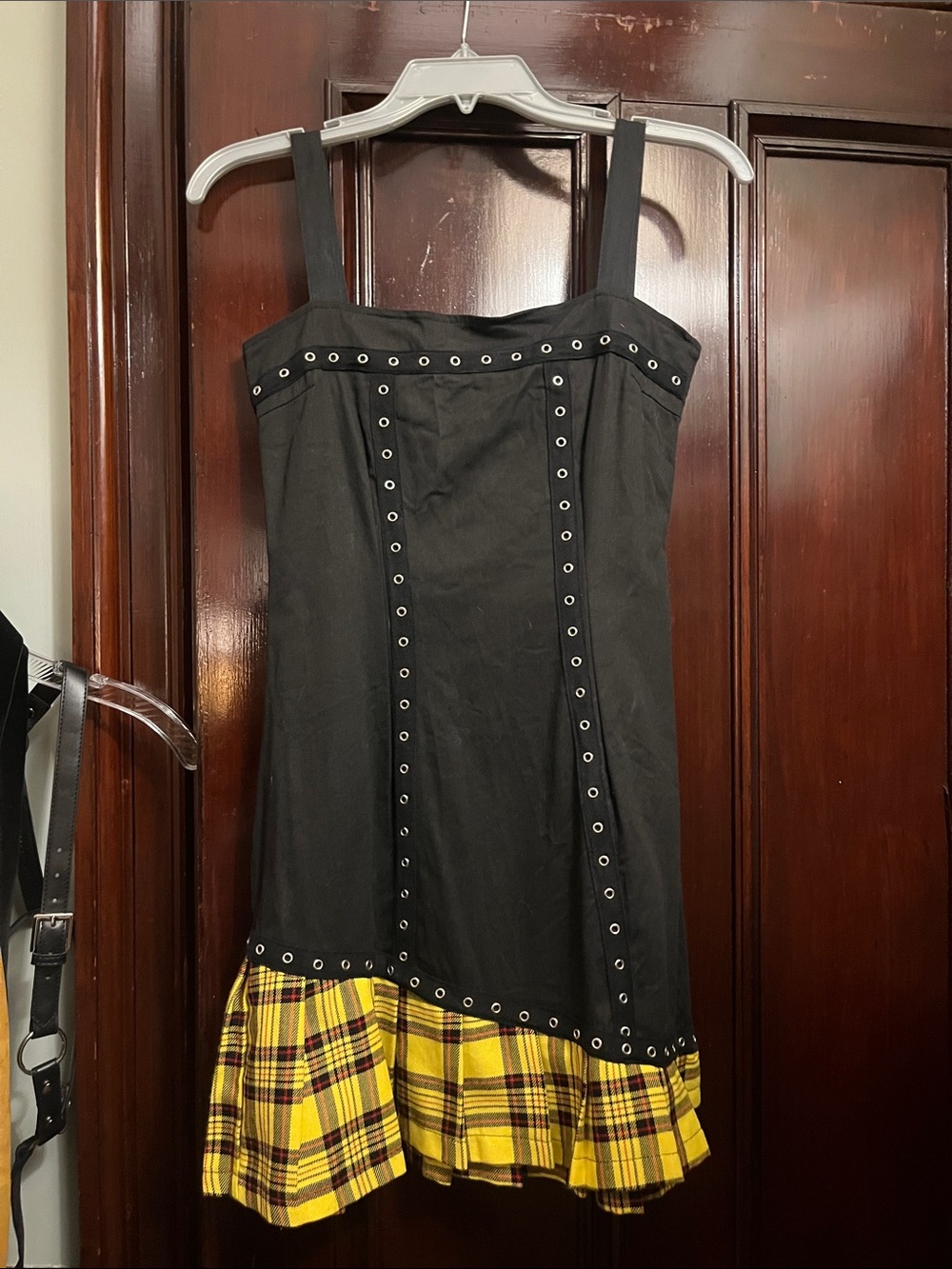 Black Eyelet Detail Dress with Yellow Plaid Hem 2005